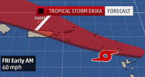 Trayectoria de la Tormenta Erika hacia Puerto Rico. (Foto/Suministrada)
