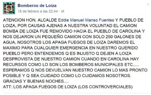 Bomberos de Loíza se manifestaron en las redes sociales en contra del traslado de su camión bomba. (Facebook)