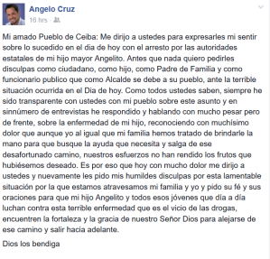 Mensaje publicado en la cuenta de Facebook del alcalde de Ceiba, Ángelo Cruz